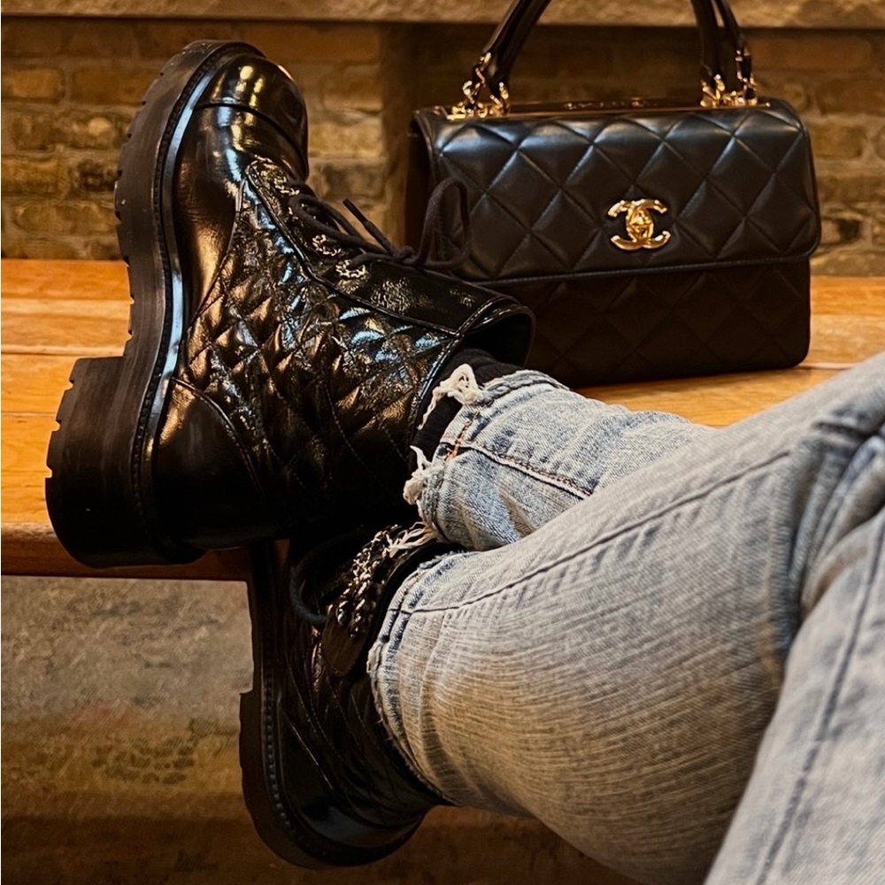 CHANEL Black Quilted Combat Boots - Picture 8 of 9